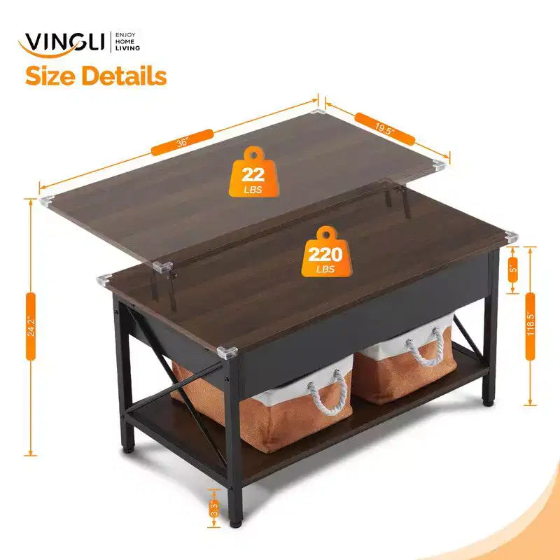 Rectangular Nordic Walnut P2 Board with Side X-shaped Metal Frame, Adjustable Height, 2 Storage Bags, Coffee Table