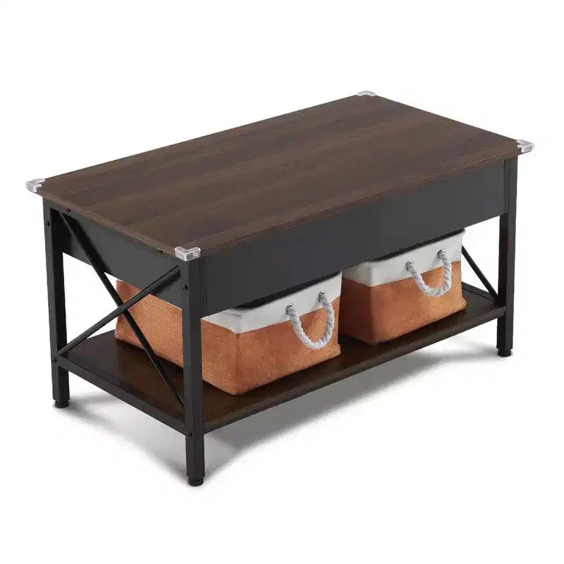 Rectangular Nordic Walnut P2 Board with Side X-shaped Metal Frame, Adjustable Height, 2 Storage Bags, Coffee Table