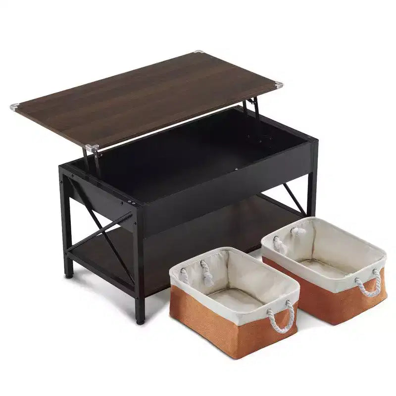 Rectangular Nordic Walnut P2 Board with Side X-shaped Metal Frame, Adjustable Height, 2 Storage Bags, Coffee Table