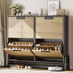 Coolmee Shoe Cabinet with 4 Flip Drawers, Freestanding Shoe Storage Organizer for Entryway, Narrow Shoe Rack with 3-Tier Adjustable Shelves