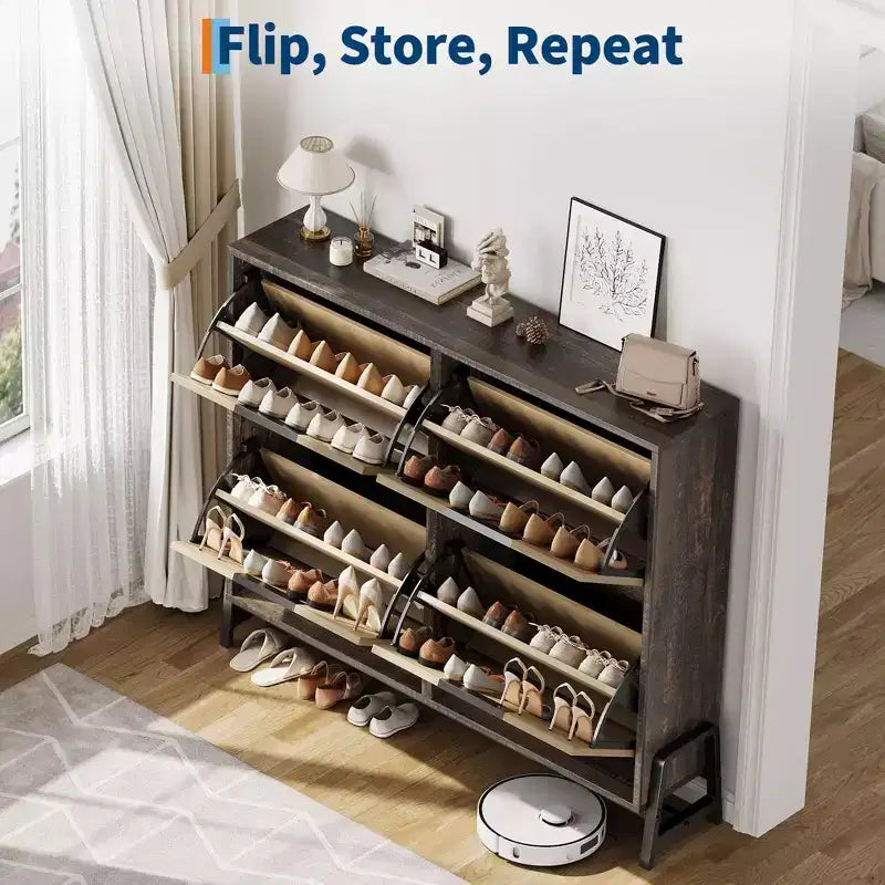 Shoe Cabinet with 4 Flip Drawers, Freestanding Shoe Storage Organizer for Entryway, Narrow Shoe Rack with 3-Tier Adjustable Shelves