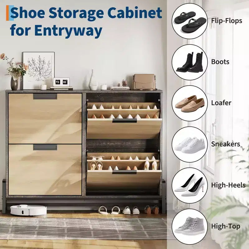 Shoe Cabinet with 4 Flip Drawers, Freestanding Shoe Storage Organizer for Entryway, Narrow Shoe Rack with 3-Tier Adjustable Shelves