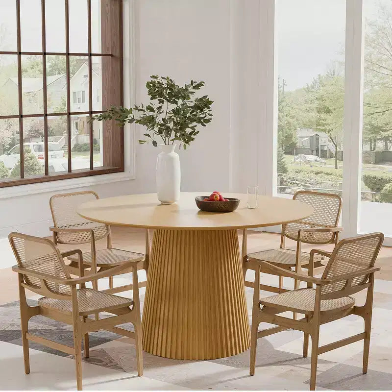 PexFix 46 Round Dining Table for 6 People Modern Pedestal Table with Fluted Cone Base & Wood MDF Top for Small Space Kitchen Dining Room Cafe Natural