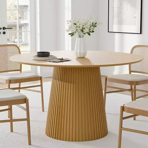 46 Round Dining Table for 6 People Modern Pedestal Table with Fluted Cone Base & Wood MDF Top for Small Space Kitchen Dining Room Cafe Natural