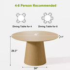 46 Round Dining Table for 6 People Modern Pedestal Table with Fluted Cone Base & Wood MDF Top for Small Space Kitchen Dining Room Cafe Natural