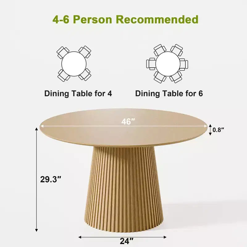 46 Round Dining Table for 6 People Modern Pedestal Table with Fluted Cone Base & Wood MDF Top for Small Space Kitchen Dining Room Cafe Natural