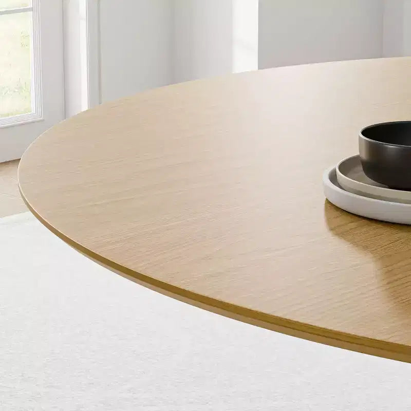 46 Round Dining Table for 6 People Modern Pedestal Table with Fluted Cone Base & Wood MDF Top for Small Space Kitchen Dining Room Cafe Natural