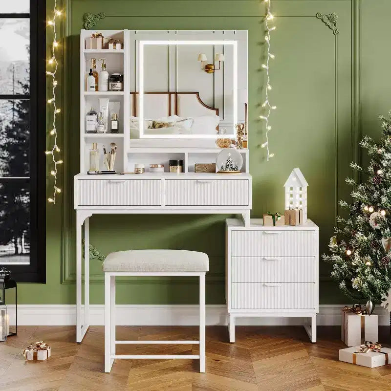 Makeup Vanity Desk with LED Mirror Lights, 5 Drawers, Removable Side Cabinet & Stool, White Vanity Set for Bedroom