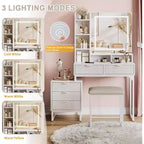 Makeup Vanity Desk with LED Mirror Lights, 5 Drawers, Removable Side Cabinet & Stool, White Vanity Set for Bedroom