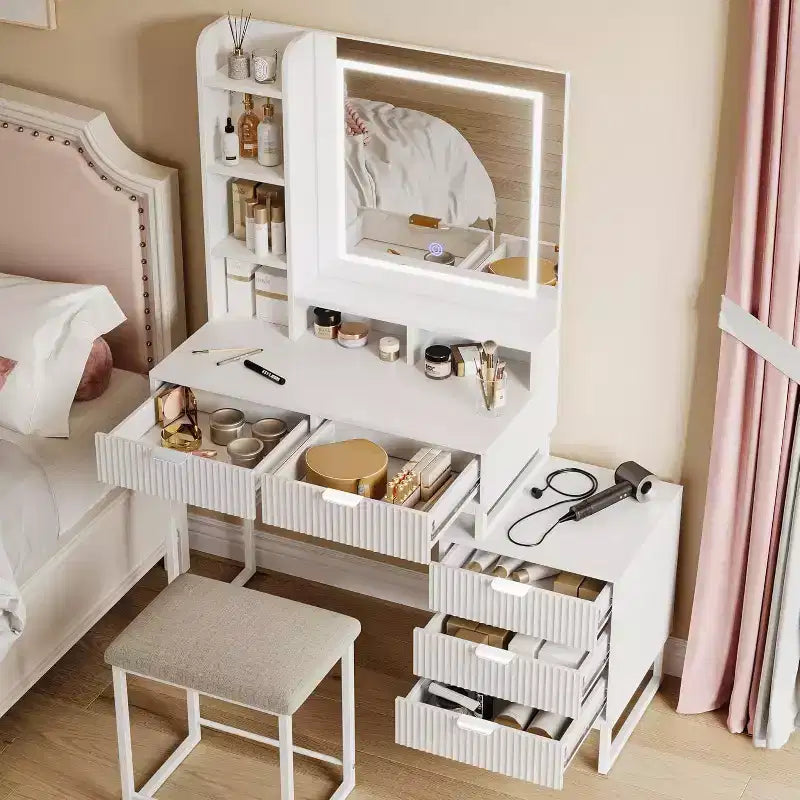 Makeup Vanity Desk with LED Mirror Lights, 5 Drawers, Removable Side Cabinet & Stool, White Vanity Set for Bedroom
