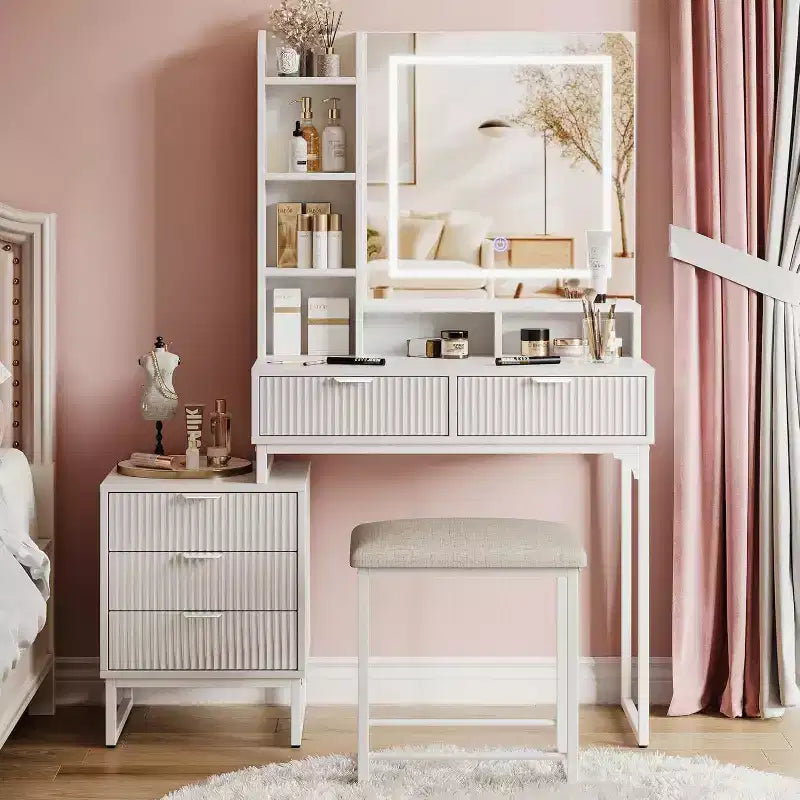 Makeup Vanity Desk with LED Mirror Lights, 5 Drawers, Removable Side Cabinet & Stool, White Vanity Set for Bedroom