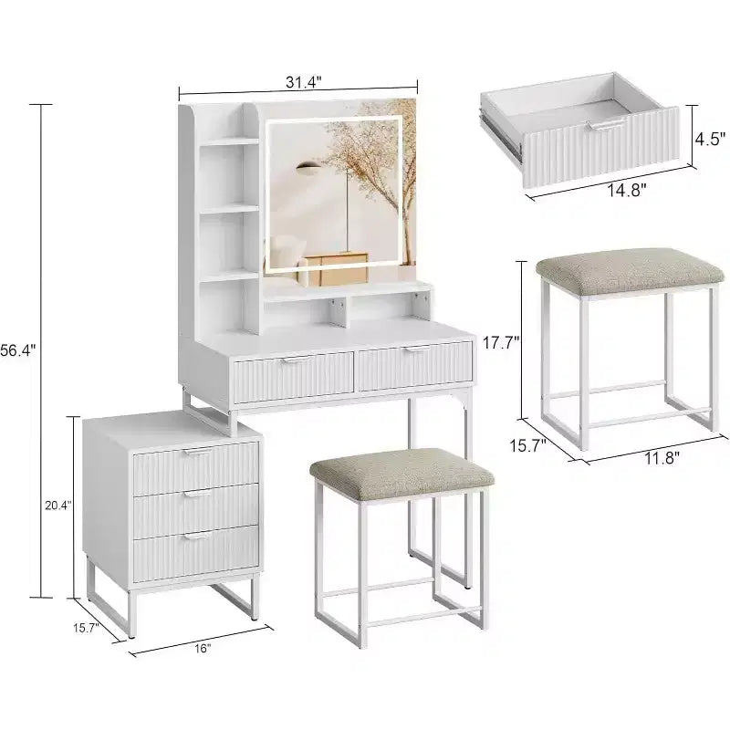 Makeup Vanity Desk with LED Mirror Lights, 5 Drawers, Removable Side Cabinet & Stool, White Vanity Set for Bedroom