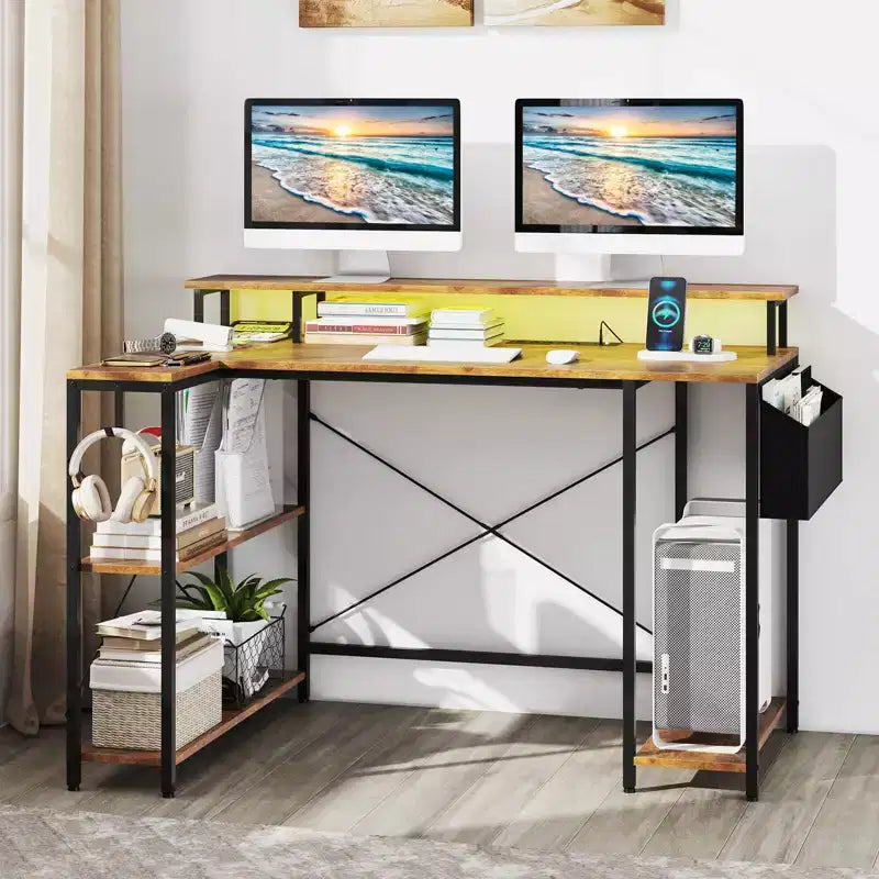 48 L-Shaped Gaming Desk with LED Lights & Power Outlets Storage Shelves Brown/Black