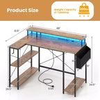 48 L-Shaped Gaming Desk with LED Lights & Power Outlets Storage Shelves Brown/Black