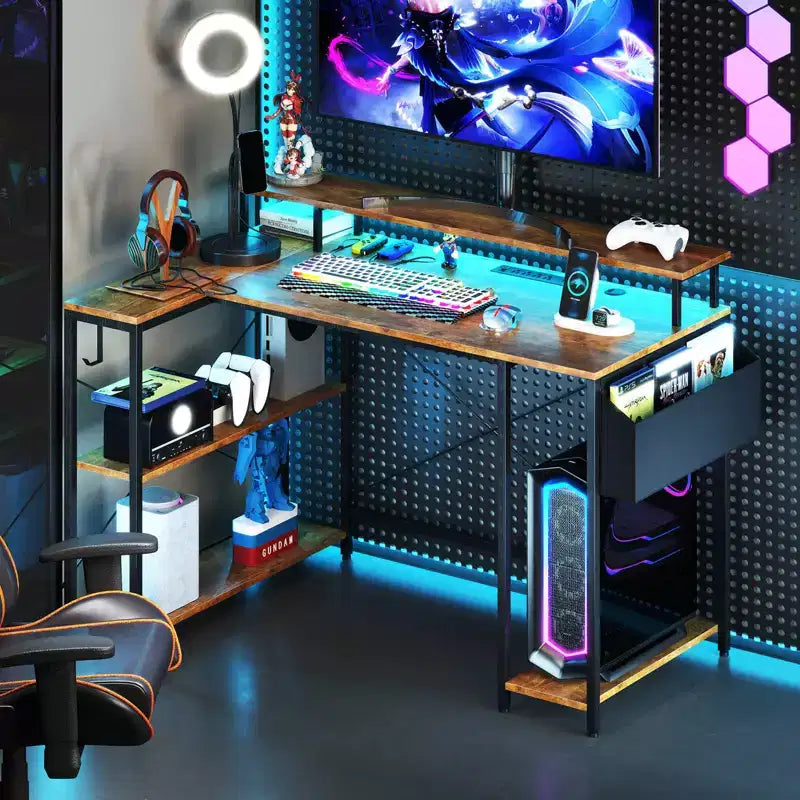48 L-Shaped Gaming Desk with LED Lights & Power Outlets Storage Shelves Brown/Black
