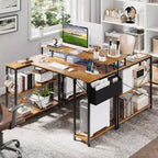48 L-Shaped Gaming Desk with LED Lights & Power Outlets Storage Shelves Brown/Black