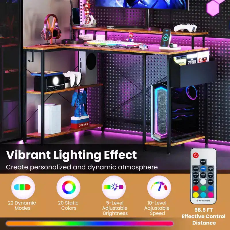 48 L-Shaped Gaming Desk with LED Lights & Power Outlets Storage Shelves Brown/Black