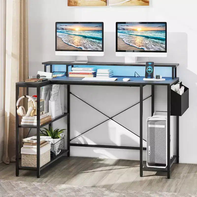 48 L-Shaped Gaming Desk with LED Lights & Power Outlets Storage Shelves Brown/Black