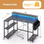 48 L-Shaped Gaming Desk with LED Lights & Power Outlets Storage Shelves Brown/Black