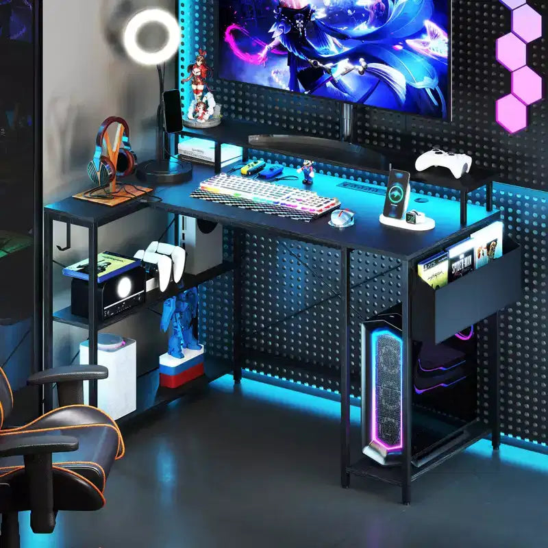 48 L-Shaped Gaming Desk with LED Lights & Power Outlets Storage Shelves Brown/Black