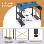 48 L-Shaped Gaming Desk with LED Lights & Power Outlets Storage Shelves Brown/Black