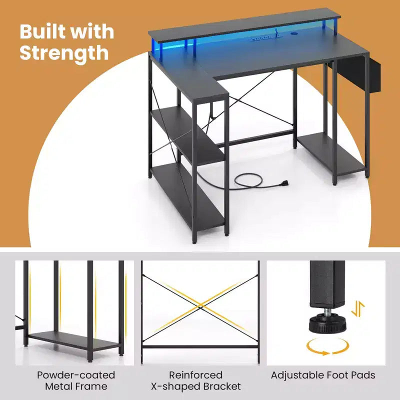 48 L-Shaped Gaming Desk with LED Lights & Power Outlets Storage Shelves Brown/Black