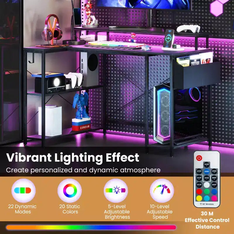 48 L-Shaped Gaming Desk with LED Lights & Power Outlets Storage Shelves Brown/Black