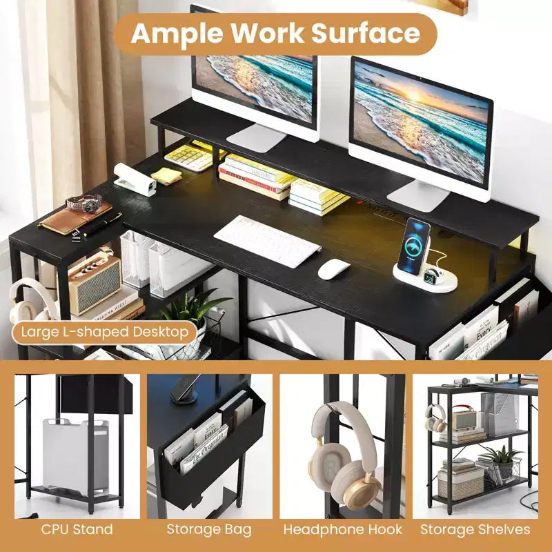48 L-Shaped Gaming Desk with LED Lights & Power Outlets Storage Shelves Brown/Black