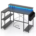 Costway 48 L-Shaped Gaming Desk with LED Lights & Power Outlets Storage Shelves Brown/Black