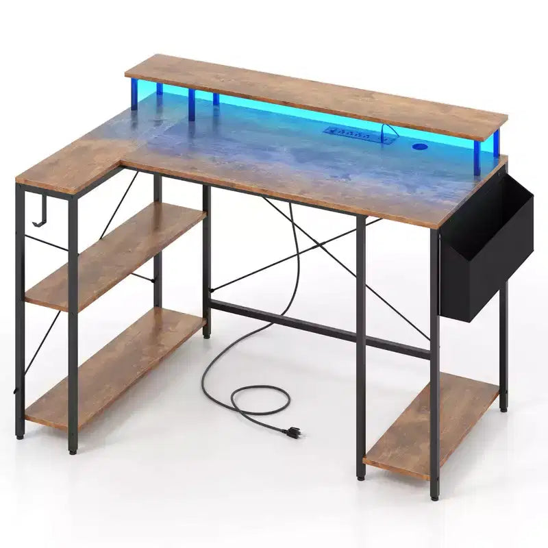 48 L-Shaped Gaming Desk with LED Lights & Power Outlets Storage Shelves Brown/Black