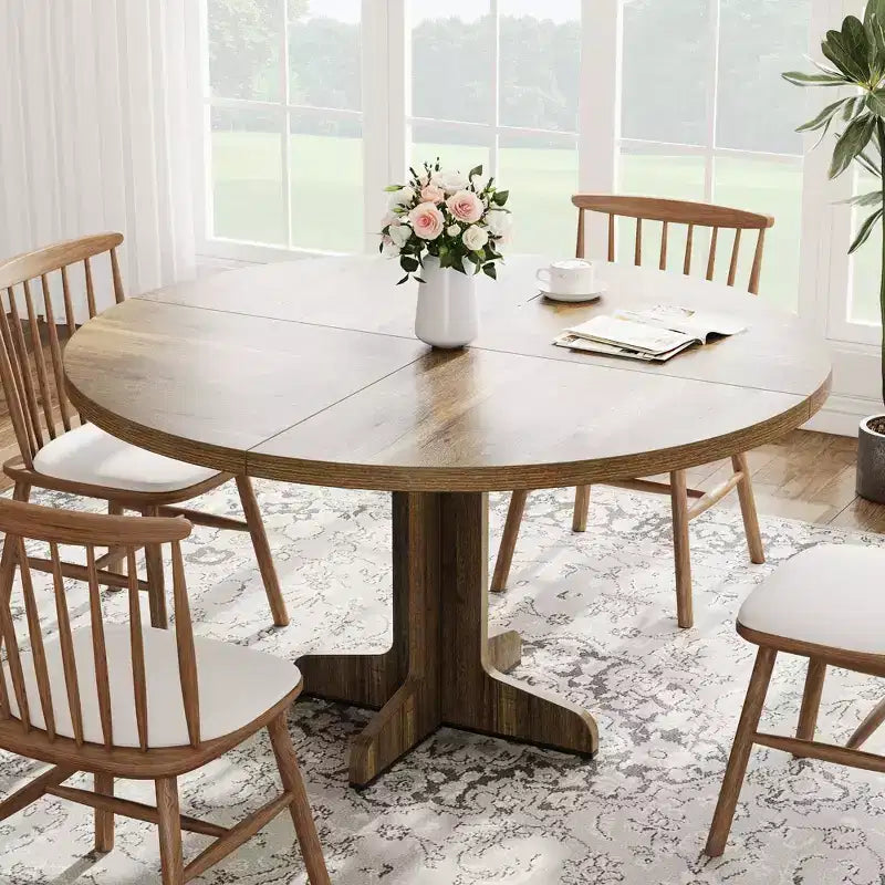 Round Dining Table for 4, 47 Inch Farmhouse Circle Kitchen Table with Wood Tabletop and Stable Base, for Home Dining Room Living Room (Only Table)