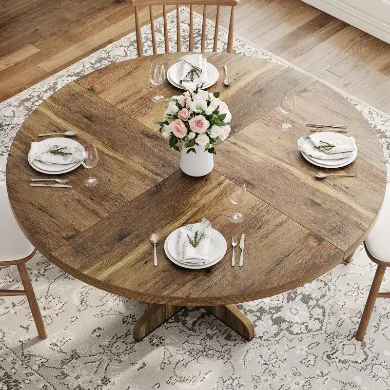 Round Dining Table for 4, 47 Inch Farmhouse Circle Kitchen Table with Wood Tabletop and Stable Base, for Home Dining Room Living Room (Only Table)