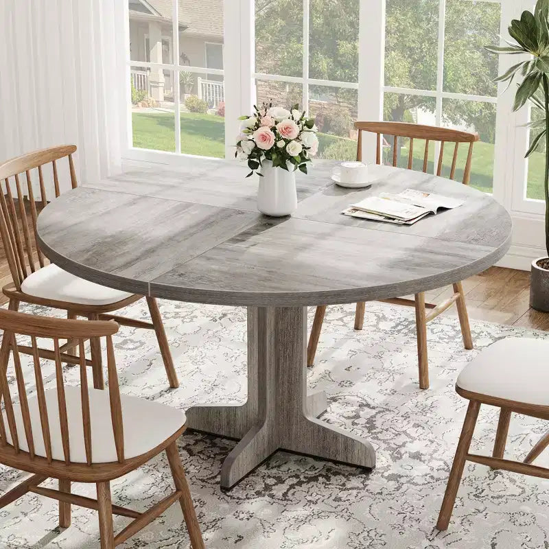 Round Dining Table for 4, 47 Inch Farmhouse Circle Kitchen Table with Wood Tabletop and Stable Base, for Home Dining Room Living Room (Only Table)