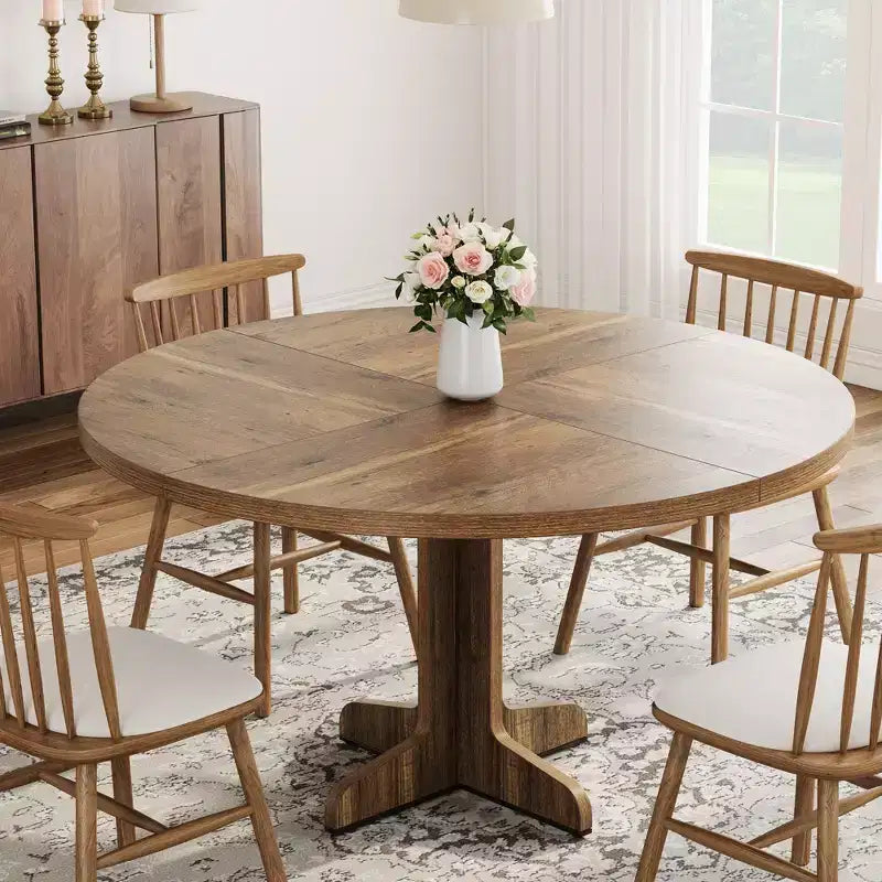 Round Dining Table for 4, 47 Inch Farmhouse Circle Kitchen Table with Wood Tabletop and Stable Base, for Home Dining Room Living Room (Only Table)