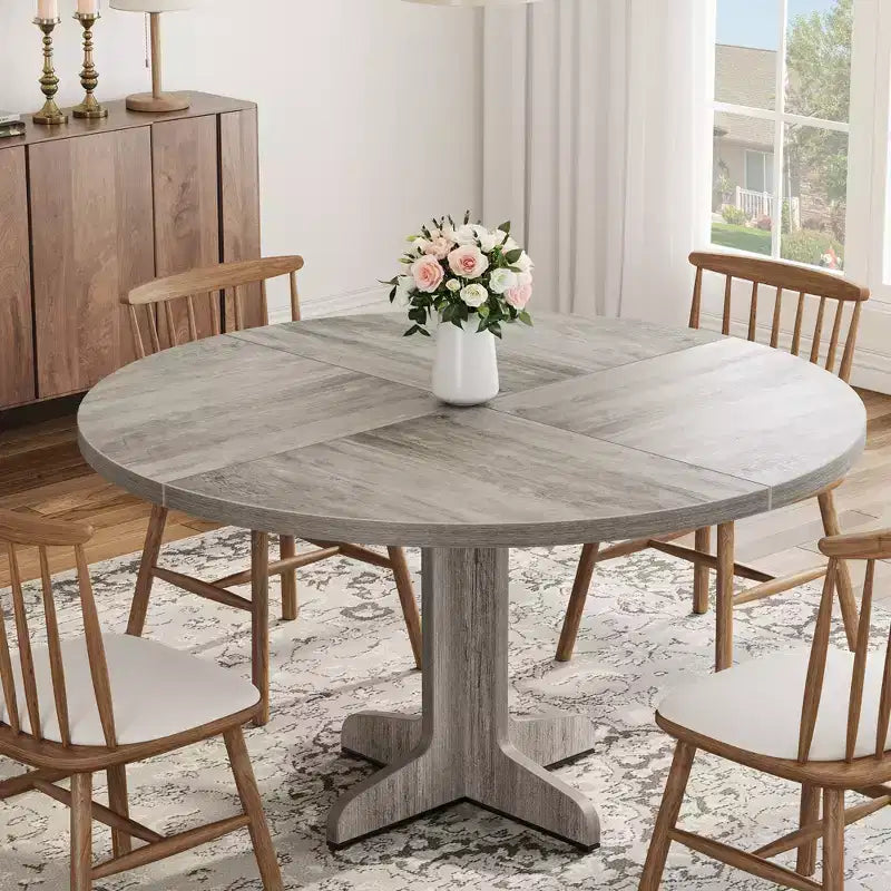 Round Dining Table for 4, 47 Inch Farmhouse Circle Kitchen Table with Wood Tabletop and Stable Base, for Home Dining Room Living Room (Only Table)
