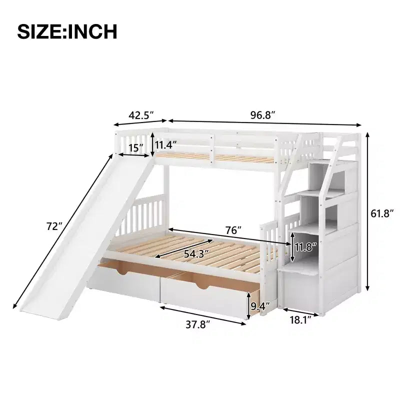 Twin over Full Bunk Bed with Stairs and Slide, Stairway Wood Bunk Bed with Storage Drawers for Kids Teens Aduts