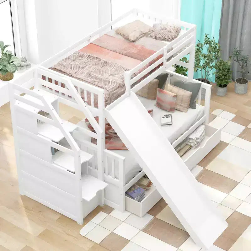 Twin over Full Bunk Bed with Stairs and Slide, Stairway Wood Bunk Bed with Storage Drawers for Kids Teens Aduts