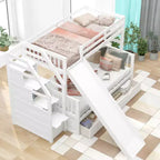 Twin over Full Bunk Bed with Stairs and Slide, Stairway Wood Bunk Bed with Storage Drawers for Kids Teens Aduts