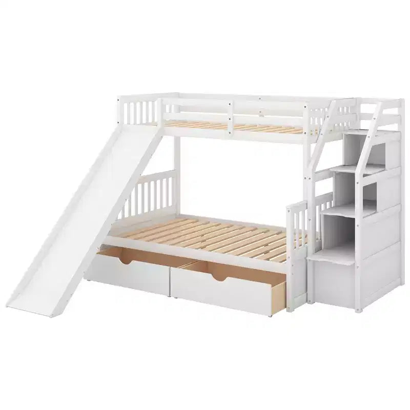 Twin over Full Bunk Bed with Stairs and Slide, Stairway Wood Bunk Bed with Storage Drawers for Kids Teens Aduts