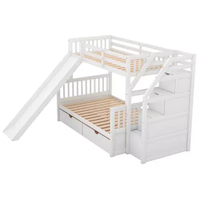 Twin over Full Bunk Bed with Stairs and Slide, Stairway Wood Bunk Bed with Storage Drawers for Kids Teens Aduts