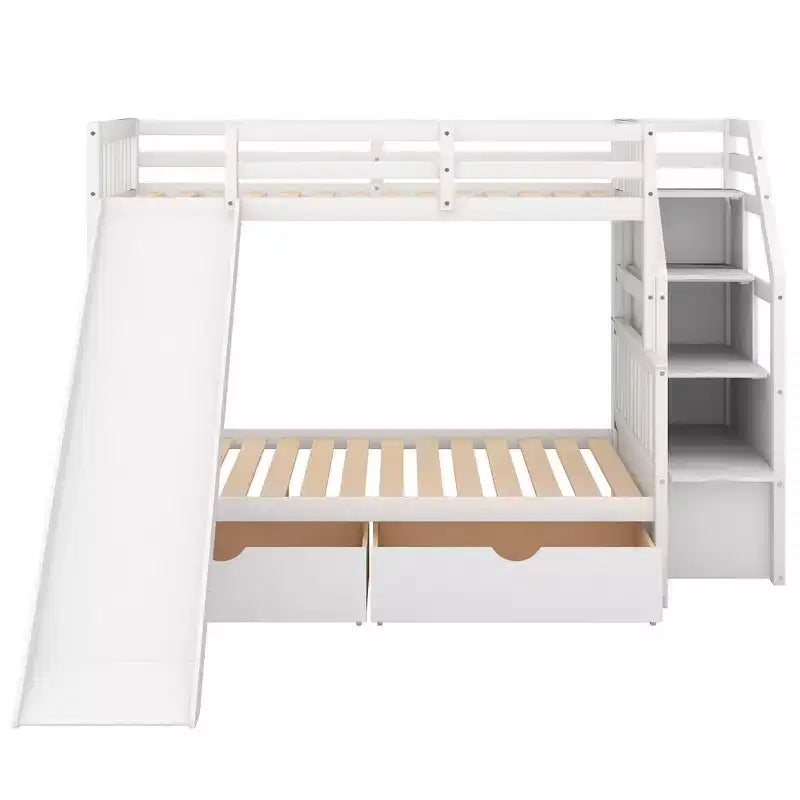 Twin over Full Bunk Bed with Stairs and Slide, Stairway Wood Bunk Bed with Storage Drawers for Kids Teens Aduts