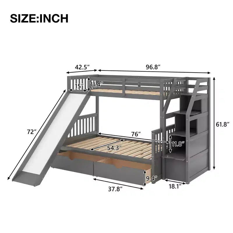 Twin over Full Bunk Bed with Stairs and Slide, Stairway Wood Bunk Bed with Storage Drawers for Kids Teens Aduts