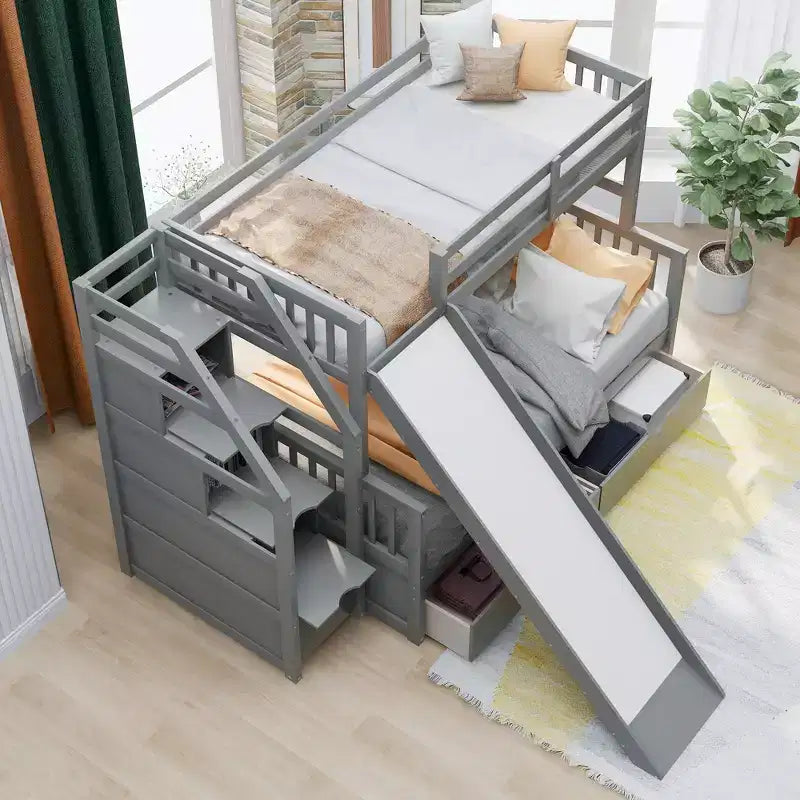 Twin over Full Bunk Bed with Stairs and Slide, Stairway Wood Bunk Bed with Storage Drawers for Kids Teens Aduts