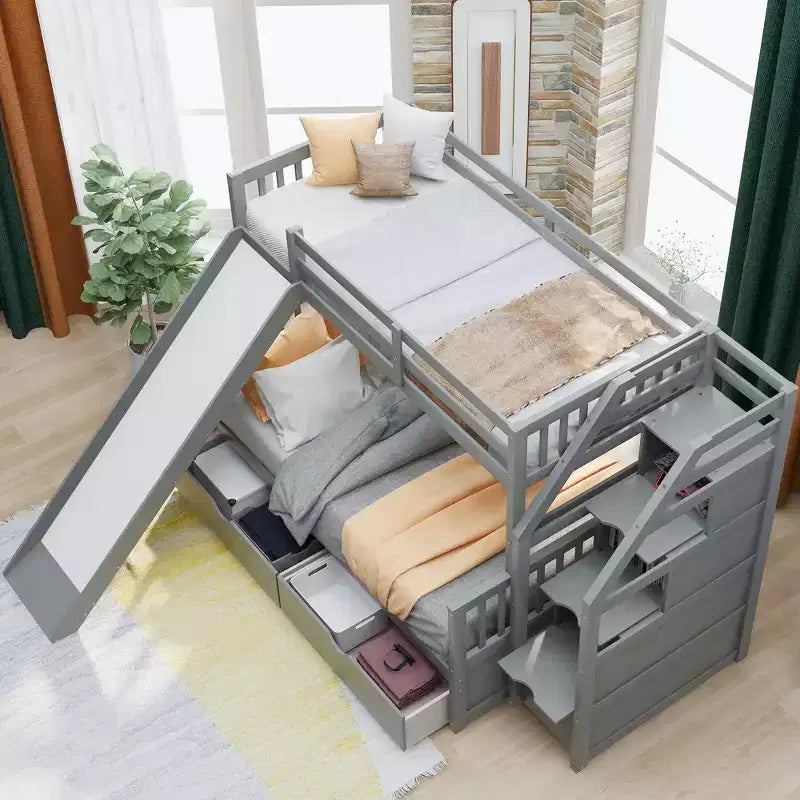 Twin over Full Bunk Bed with Stairs and Slide, Stairway Wood Bunk Bed with Storage Drawers for Kids Teens Aduts
