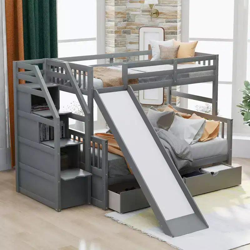 Twin over Full Bunk Bed with Stairs and Slide, Stairway Wood Bunk Bed with Storage Drawers for Kids Teens Aduts