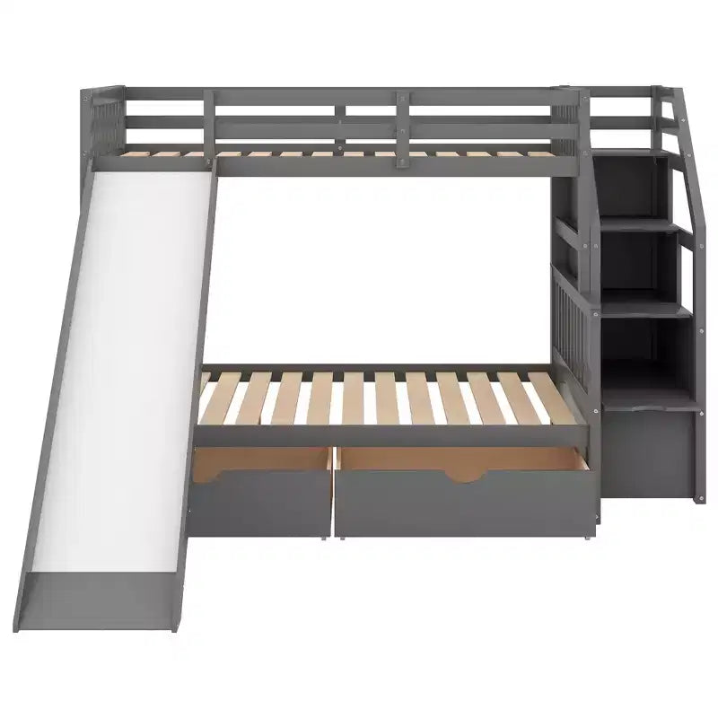 Twin over Full Bunk Bed with Stairs and Slide, Stairway Wood Bunk Bed with Storage Drawers for Kids Teens Aduts