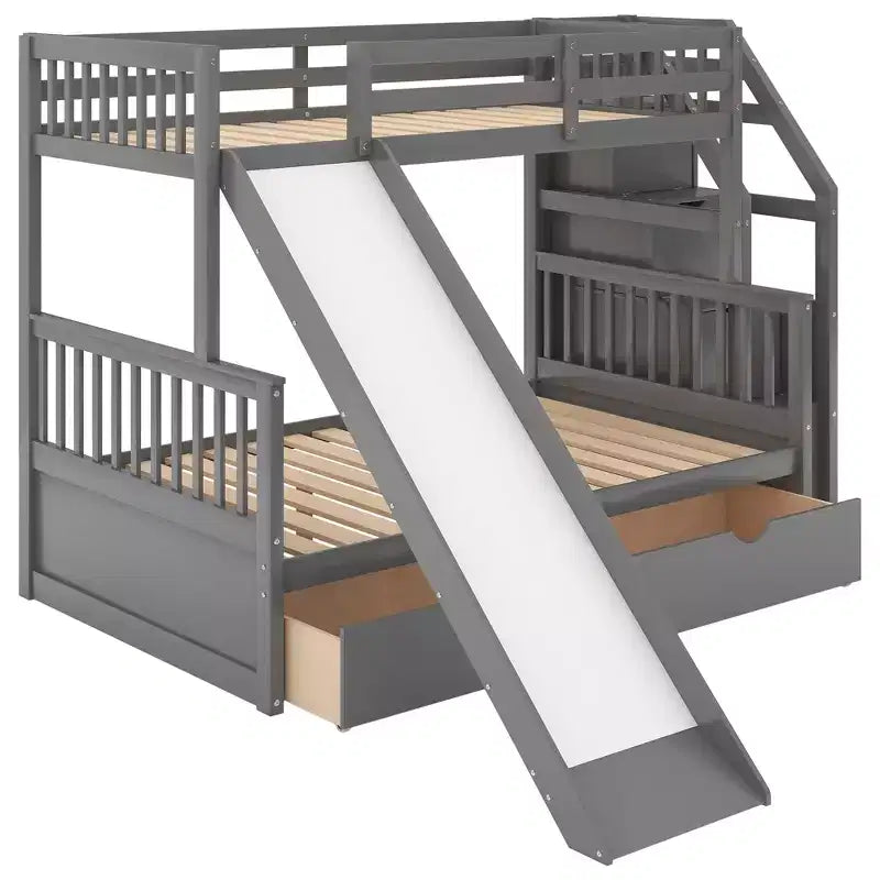 Twin over Full Bunk Bed with Stairs and Slide, Stairway Wood Bunk Bed with Storage Drawers for Kids Teens Aduts