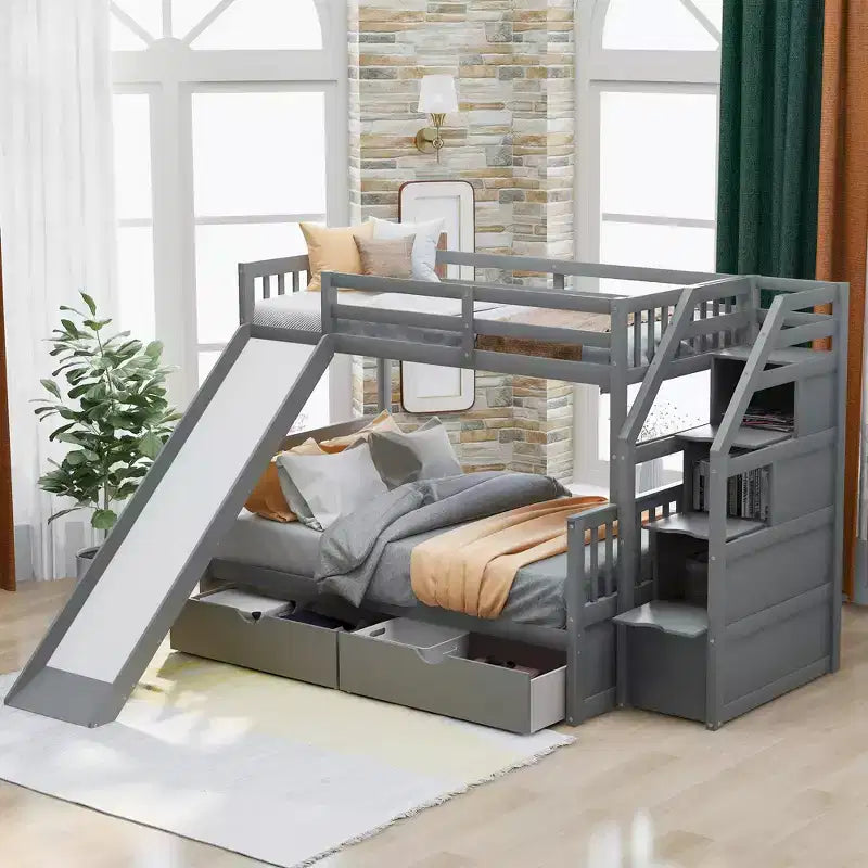 Twin over Full Bunk Bed with Stairs and Slide, Stairway Wood Bunk Bed with Storage Drawers for Kids Teens Aduts