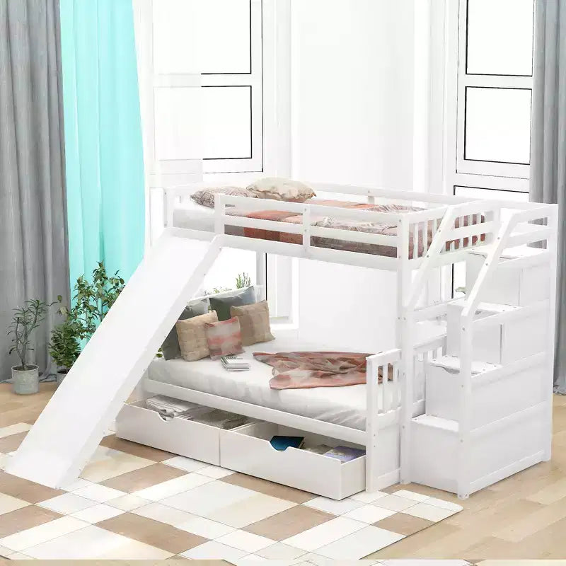 Twin over Full Bunk Bed with Stairs and Slide, Stairway Wood Bunk Bed with Storage Drawers for Kids Teens Aduts