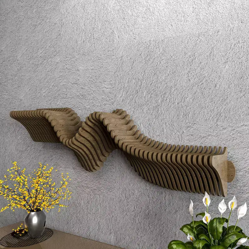 Parametric 40 inch Floating Shelf TV Unit Modern Geometric Wooden Wall Piece Decor Natural Oak Color 3D Wavy Living and Gaming Room Shelf